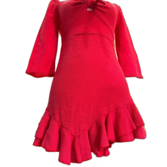 Coquette Sweetheart Bow Mini Dress Berry Red Ruffle Smocked Date Night Size 10 - Picture 3 of 11